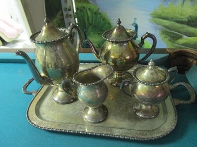 Antique Silver On Copper English Tea And Coffee Set With Tray 5 Pcs - Image 1 of 4