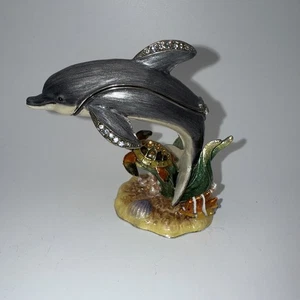 Kubla Crafts Bejeweled Dolphin w/Sea Turtle Trinket Box-hinged enamel 3.5”Hx3”W - Picture 1 of 17