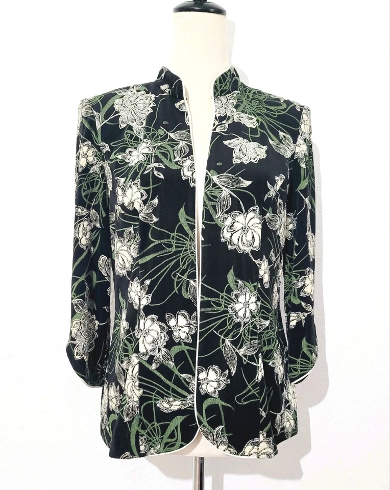 Chaqueta de terciopelo floral Alex Evenings para mujer mediana negra verde cuello mandarín  Foto 1 de 4