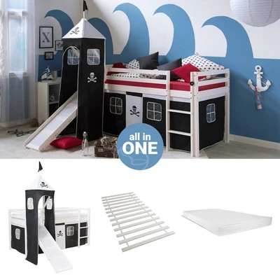 Cadre de Lit superposé 90x200 Matelas Tour Toboggan Mezzanine Pirate Homestyle4u - Photo 1/4