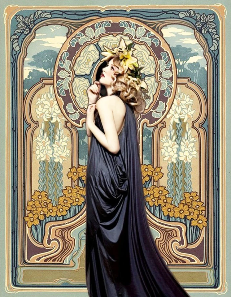 Lady in Blue Dress Stain glass by Alphonse Mucha 11 x 14 - Image 1 of 1