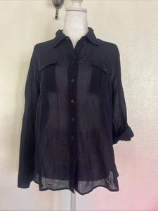 Talbots Petites Navy Blue Crinkle 100%Cotton Blouse, Women’s Sz 14P Long Sleeves - Picture 1 of 13