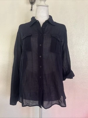 Talbots Petites Navy Blue Crinkle 100%Cotton Blouse, Women’s Sz 14P Long Sleeves - Image 1 of 4