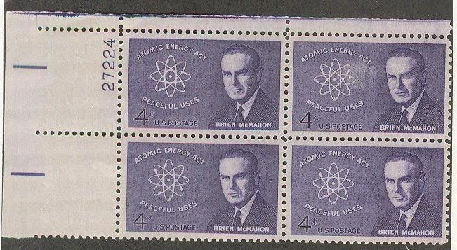 US USA Sc# 1200 MNH FVF PLATE # BLOCK Atomic Energy Act Brian McMahon AEC - Image 1 of 1