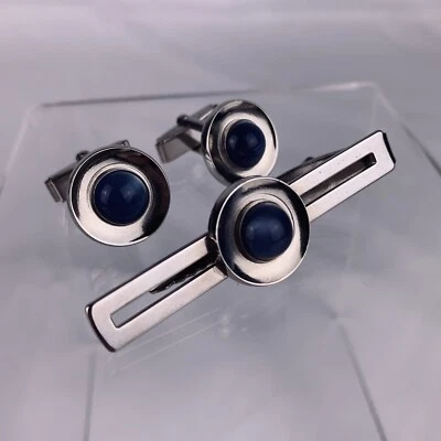 Gemelos cabujón azul y clip de corbata piedra preciosa redonda simple reflectante vintage G1 Foto 1 de 4