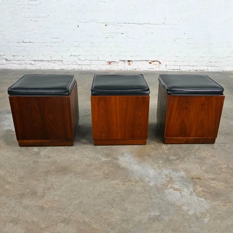 MCM 3 Walnut Cube Stools Black Upholstered Tops by Jack Cartwright for Founders Cover