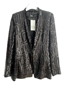 Veste blazer noir sans revers paillettes Zara taille XL réf 9486 613 - Photo 1 sur 7