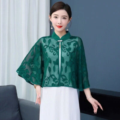 Women Chiffon Shrug Bolero Cape Floral Qipao Capelet Sheer Coat Jacket Cardigan - Image 1 of 4