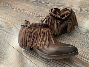 Botas Marrones de Cuero Vaquero Occidentales al Tobillo con Flecos~EU 36/US 5~Hechas en Italia - Imagen 1 de 9