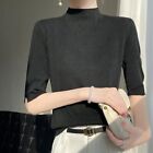 Summer Sweater Pullover Solid Color Mock Neck Short Sleeve Knitted Sweater