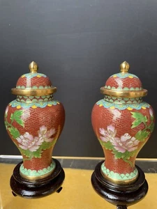 Paar Vintage Chinesische Cloisonne Gläser Blumenmotiv Cloisonne 4" Ingwerglas. - Bild 1 von 11