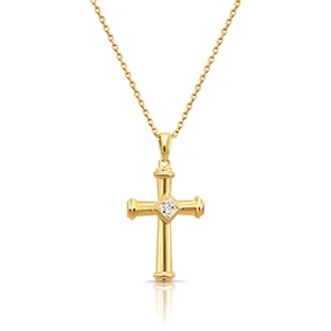 14K Real Solid Yellow Gold Dainty Cross Christian CZ Pendant Charm Necklace 18in - Picture 1 of 13