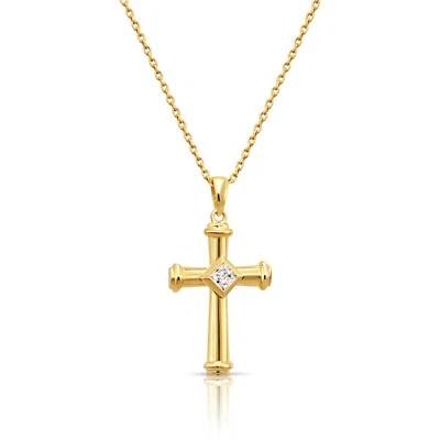 14K Real Solid Yellow Gold Dainty Cross Christian CZ Pendant Charm Necklace 18in - Image 1 of 4