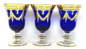 Interglass 3 Crystal Cobalt Blue Wine/Goblet 24 Kt Gold Trim 6.50" Tall Italy - Picture 1 of 7