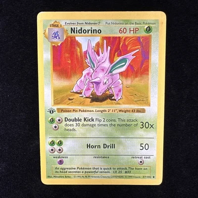 Pokemon Nidorino 37/102 WotC Base Set Shadowless 1st Edition Uncommon MP - Image 1 of 4