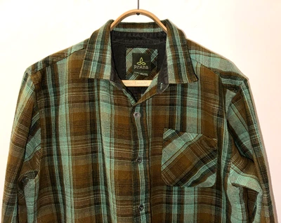 PRANA M's Heavyweight Flannel L/S Overshirt XL green/brown plaid EUC - Image 1 of 4