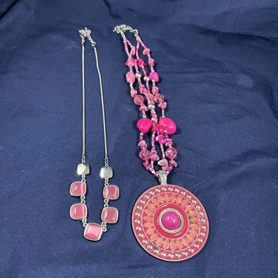 2 Pink Silver Tone Necklaces Mandala Beaded Fashion Two Piece Set Boho Chic - Image 1 of 4