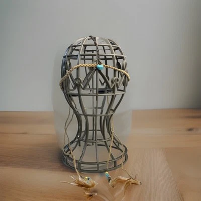 Vintage Turquoise Headband Feather Leather Head Chain Headpiece Bohemian Beaded - Image 1 of 4