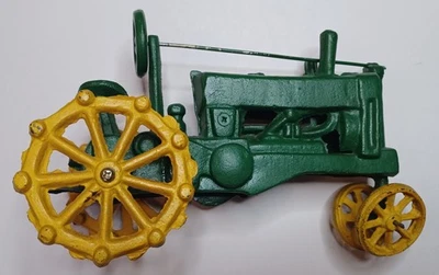 John Deere Style Early Primitive Heavy Cast Iron Toy Farm Tractor Green Yellow - Image 1 of 4