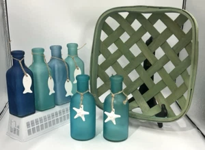 6 Milchglas Küste Strand Deko blau grün Flasche mit Charm Rattan Korb - Bild 1 von 8