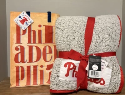 NEW Philadelphia Phillies MLB Fleece Throw 50x60” & Philadelphia Trader Joe Bag - Image 1 of 4