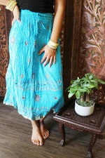 Boho Gypsy Hippy Midi Skirt,Blue Summer Skirt Floral Printed Beach Skirts S 