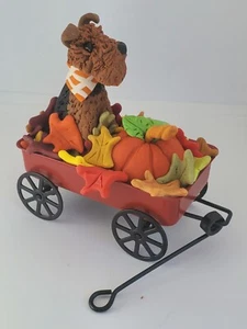 AIREDALE FALL AUTUMN MINIATURE FIGURINE Riding in Red Wagon HANDMADE PolymerClay - Picture 1 of 5