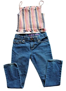 Children's Place Girls 10 Skinny Blue Denim Pants, Rare Editions Smocked Top ~8~ - Picture 1 of 16