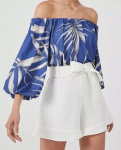 WITCHERY Off Shoulder Blue Leaf Print Blouse Top Size M - Picture 1 of 4