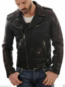 Men's Leather Motorcycle Jacket Black Slim fit Biker Genuine Lambskin Jacket - Picture 1 of 3