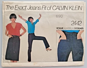 VTG 80s Vogue Sewing Pattern 2442 Calvin Klein Denim Jeans & Skirt Sz 10 CUT - Picture 1 of 3