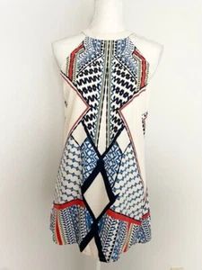 Venus Women Sleeveless Tank Dress Size XS Ivory Orange Blue Geometric High Neck - Picture 1 of 11