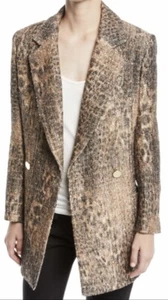 Badgley Mischka Collection Damen hellbraun Leopard Pailletten zweireihiger Mantel neu mit Etikett - Bild 1 von 11