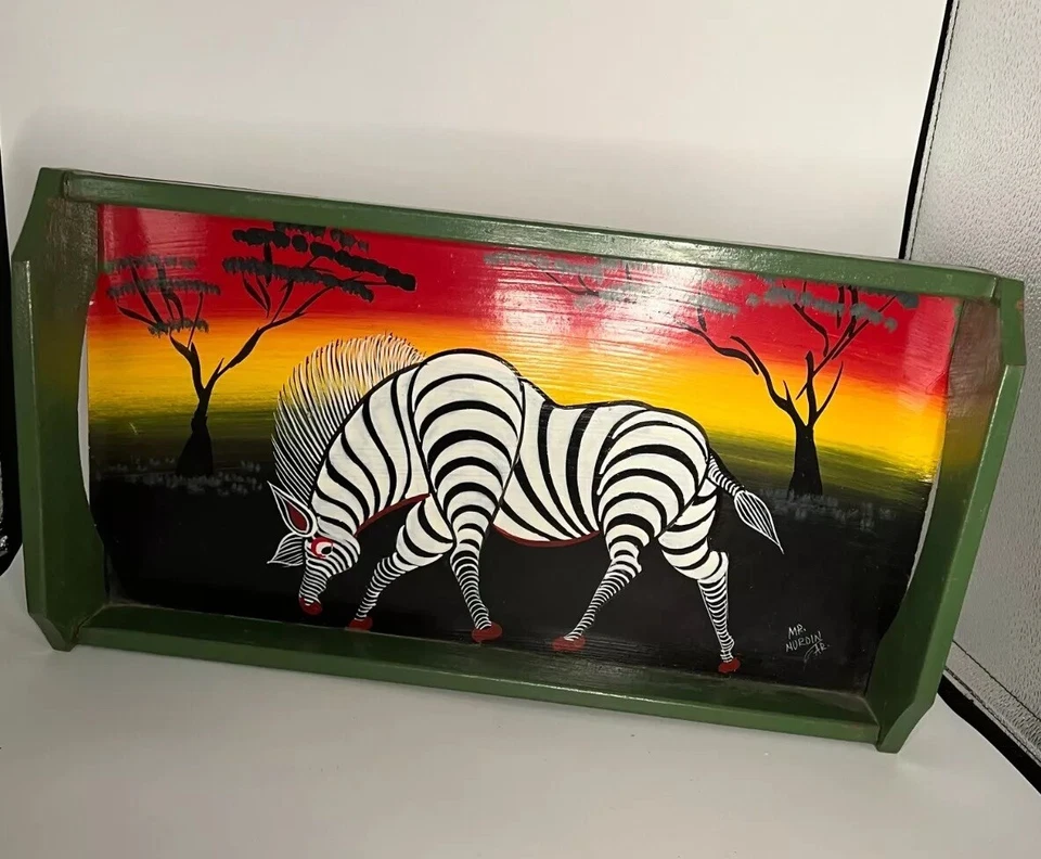 Vintage Mr. Murdin Signed Hand Painted Zebra on Desert Wood Serving Tray 16”x10" - Image 1 of 4