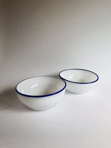Blown Glass White With Cobalt Blue Rim Bowls (2) - Picture 1 of 8
