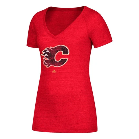 Calgary Flames Adidas Distressed Team Logo V-Neck Tri-Blend Red T-Shirt Women's Cover