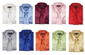Men's Fashion Shiny Satin Dress Shirt With Tie And Handkerchief 10 colors 15~20 - Picture 1 of 14