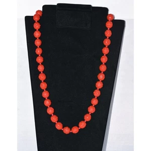 CHINESE HAND-CARVED LACQUER RED CINNABAR DESIGNER FLOWER NECKLACE 31" - Picture 1 of 12