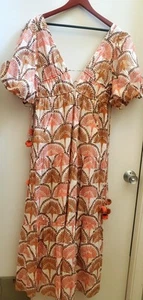 Marea Ash & Eden Maxi Boho Dress S Flying Cranes Tassel Coral/Sepia/Ivory Deep-V - Picture 1 of 11