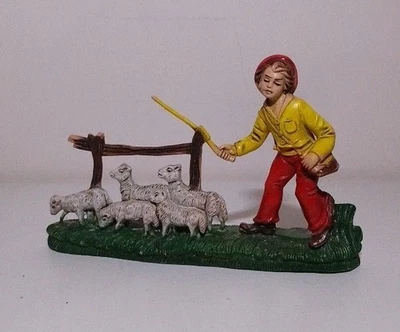 Figurina Per Presepe Ragazzi Con Pecore In Plastica Vintage Italy - Immagine 1 di 4