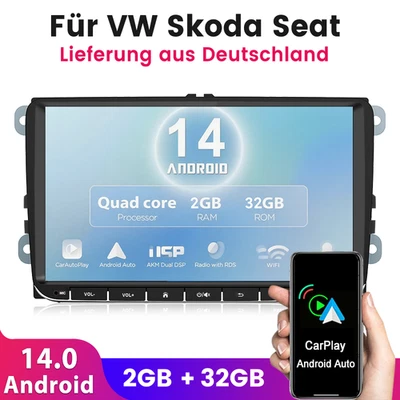 Für VW Skoda Seat Android 14 2+32GB Carplay Autoradio BT DAB+ GPS WIFI Navi - Bild 1 von 4