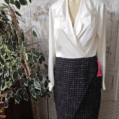 Donna Karen NWT Elegant Black and White Satin/ Tweed Faux Wrap Combo Dress 12 - Image 1 of 4