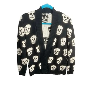 Skull Cardigan Black White Somfort Cozy Y2K Emo Goth Grunge Whimsy Rock Sz L - Picture 1 of 14