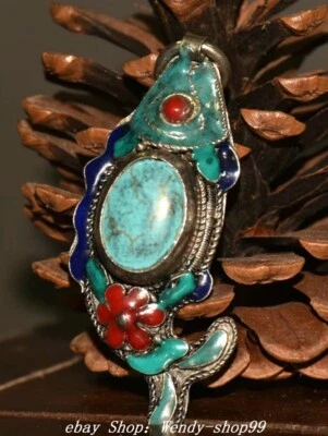 2" Old Dynasty Copper Filigree inlay Turquoise Fish Fishs Jewelry Amulet Pendant - Image 1 of 4