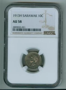 SARAWAK 1913-H 10 CENTS SILVER C. BROOKE RAJAH NGC AU-58 - Picture 1 of 2