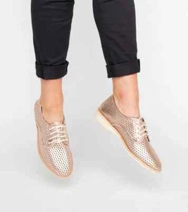 Rollie Derby Size 38 / 7 Punch Rose Gold Leather Lace Up Flats Shoes Metallic - Picture 1 of 11