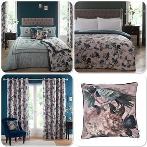 Duvet Cover Bedding Set, Curtains Or Bedspread Windsford Birds & Flowers Teal - Picture 1 of 43