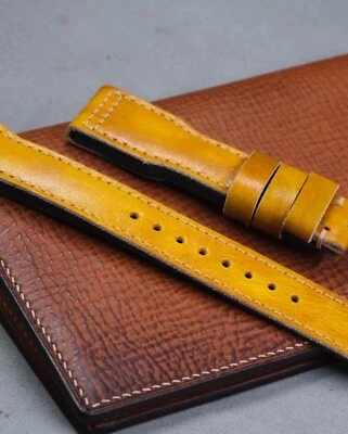 Correa de reloj vintage de cuero amarillo hecha a mano Foto 1 de 4