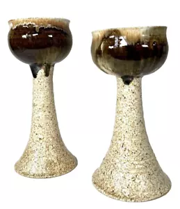 Vintage Art Pottery Stoneware Wine Goblets Earth Toned Drip Glaze 8.5" Set of 2 - Picture 1 of 12