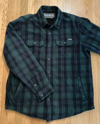 Chaqueta Camisa Eddie Bauer Para Hombre L Forrada de Vellón a Cuadros Azul Verde Negra Foto 1 de 4